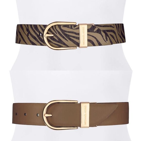 New! MICHAEL KORS Reversible Leather Belt Zebra Print Gold-tone Logo Buckle SM - Picture 1 of 13